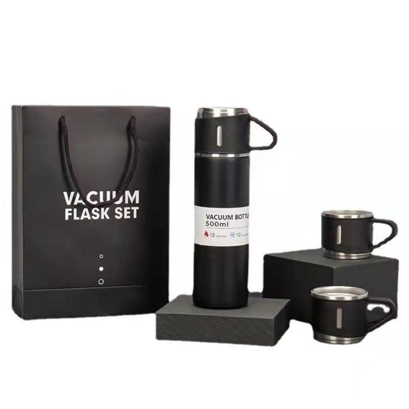 RFV1 Stainless Steel Vacuum Flask Set with 3 Steel Cups | Hot & Cold Insulated Thermos