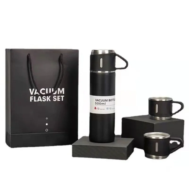 RFV1 Stainless Steel Vacuum Flask Set with 3 Steel Cups | Hot & Cold Insulated Thermos