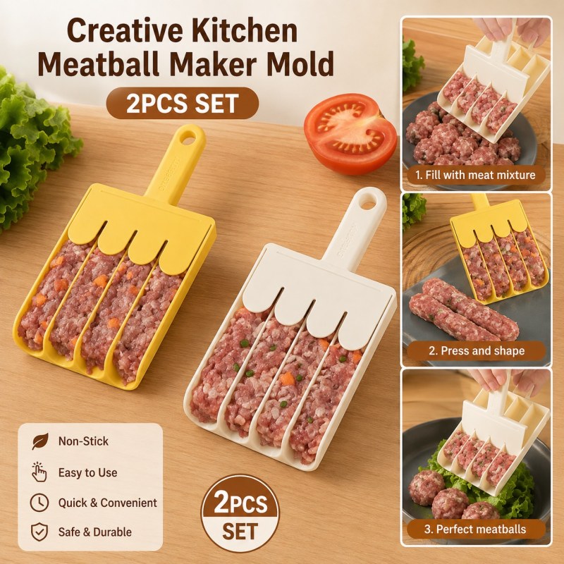 2Pcs Creative Kitchen Meatball Maker Mold with Cutting Spade | Non-Stick Meatball Scoop Tool Set