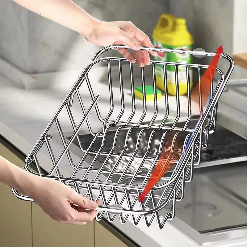Stainless Steel Telescopic Sink Drain Rack – Adjustable Dish Drying Basket_001023