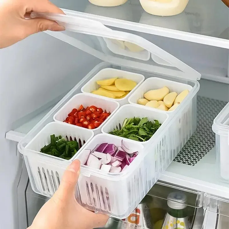 6-Grid Refrigerator Organizer Storage Box – PP Food & Vegetable Drain Basket with Fresh-Keeping Compartments