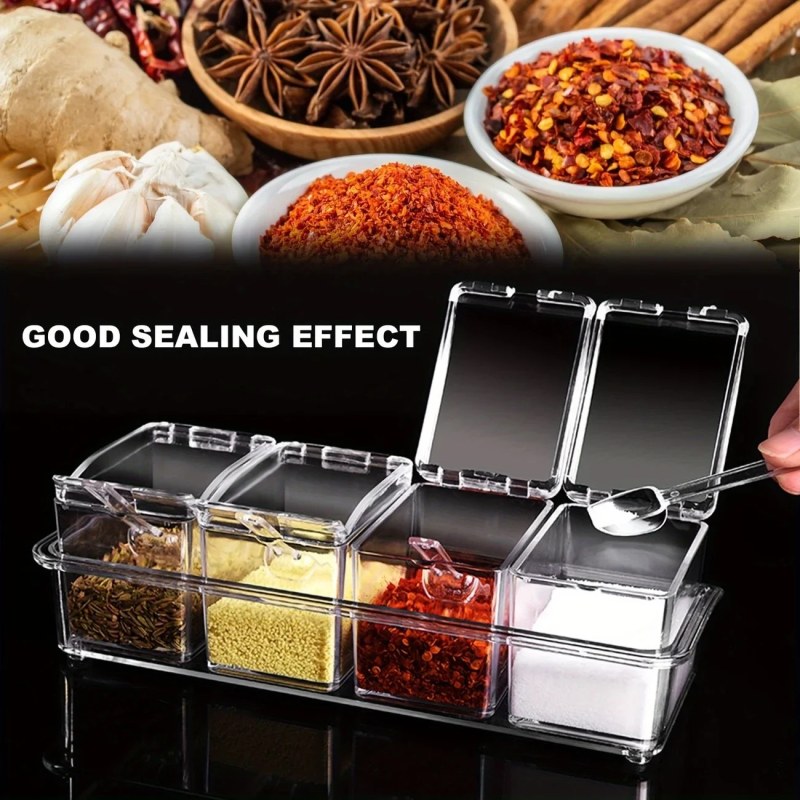 4 Grids Kitchen Transparent Seasoning Box Used For Salt Sugar And Pepper Clear Acrylic Seasoning Box