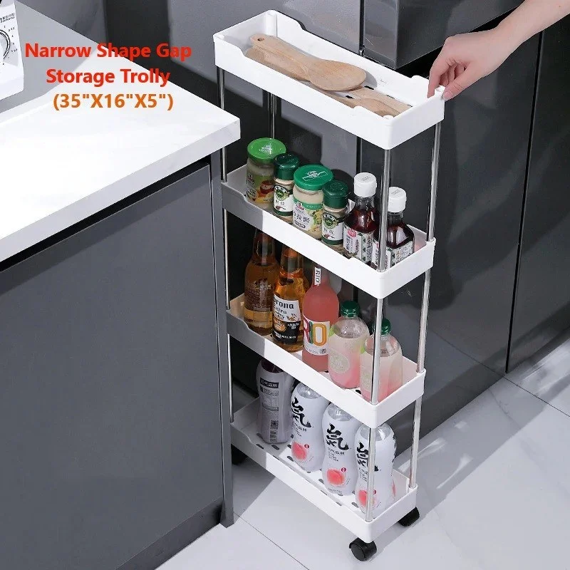 Narrow Multi-Purpose Gap Storage Trolley – Movable Slim Rolling Organizer Cart for Kitchen & Bathroom