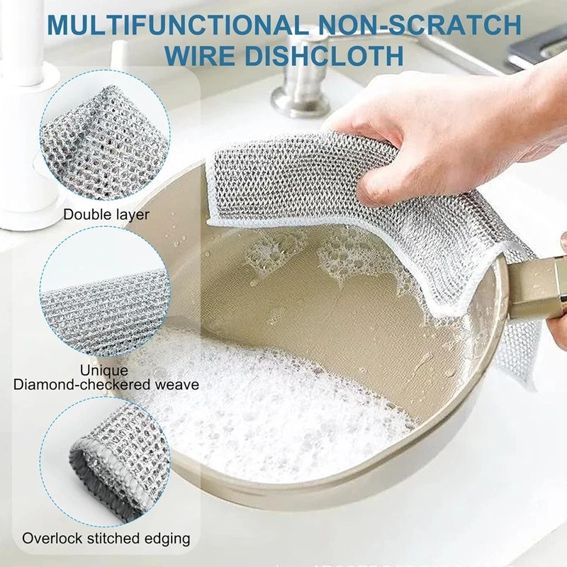 10Pcs Double Layer Magic Dishwashing Towel | Metal Steel Wire Cleaning Cloth for Kitchen