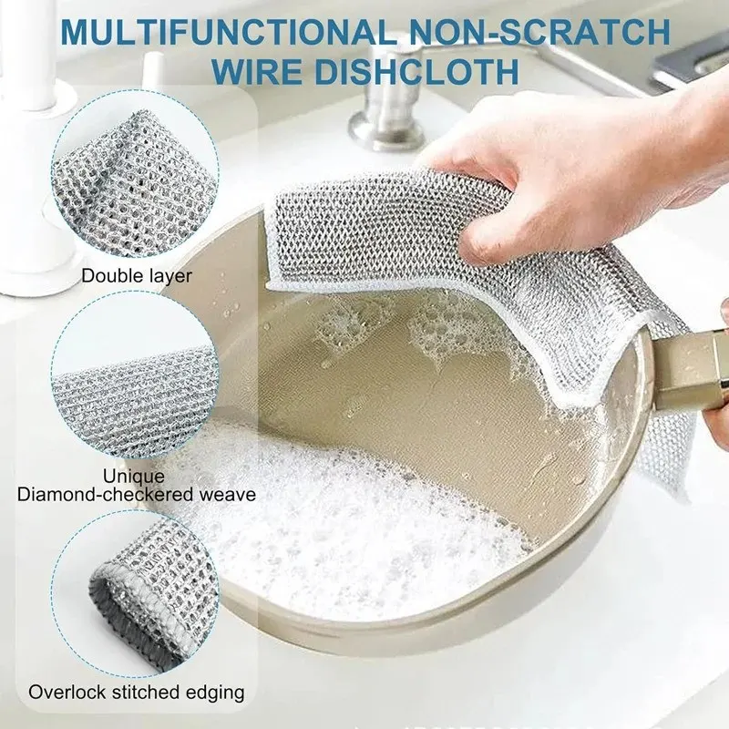 10Pcs Double Layer Magic Dishwashing Towel | Metal Steel Wire Cleaning Cloth for Kitchen