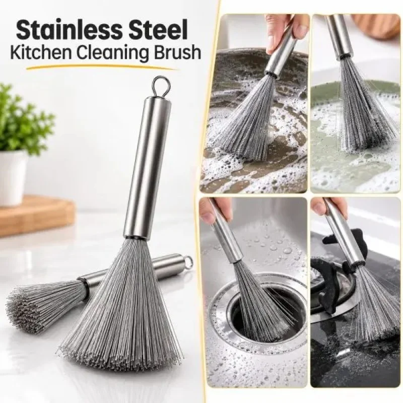 Long Handle Stainless Steel Kitchen Scrubbing Broom – Heavy Duty Pot, Pan & Sink Cleaning Brush- 000979