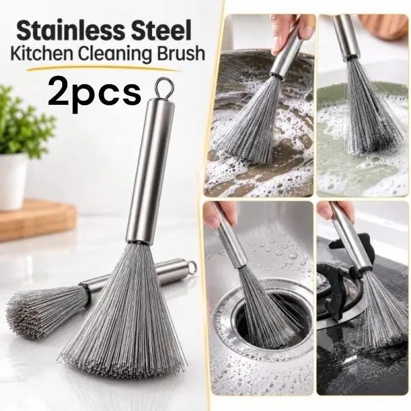 2pcs Long Handle Stainless Steel Kitchen Scrubbing Broom – Heavy Duty Pot, Pan & Sink Cleaning Brush- 000979