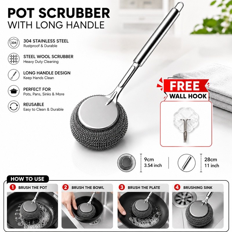 304 Stainless Steel Steel Wool Pot Scrubber with Long Handle & Free Wall Hooks_000983