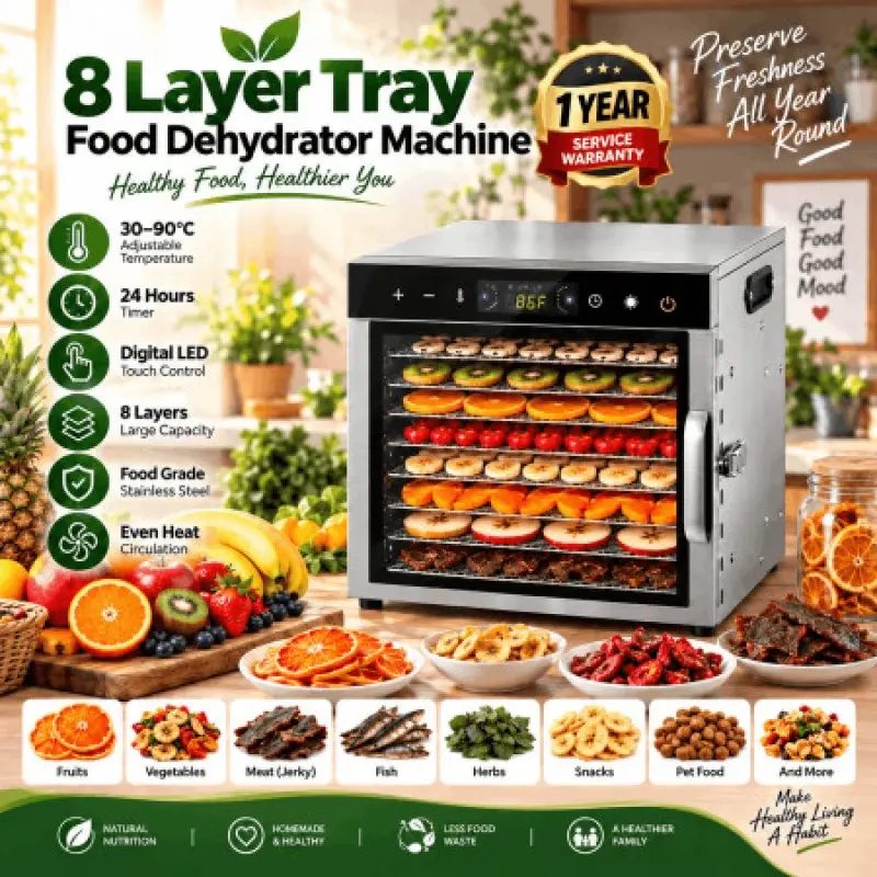 8 Layer Digital Stainless Steel Food Dehydrator Machine – Fruit, Vegetable, Meat & Beef Jerky Dryer - 000998