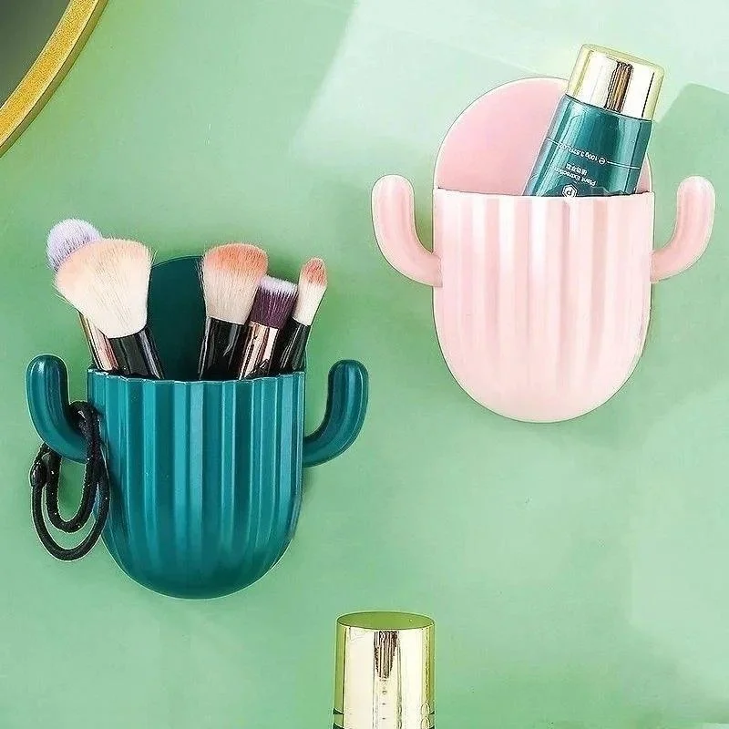 1Pc Self-Adhesive Cactus Toothbrush Holder with Drain Shelf