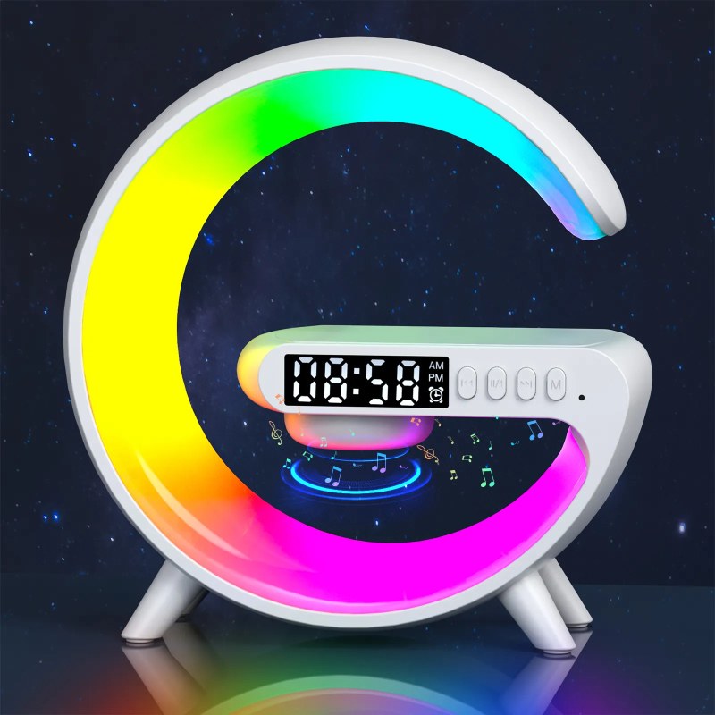5-in-1 Smart Wireless Charger Table Lamp | Bluetooth Speaker, Alarm Clock & RGB Night Light