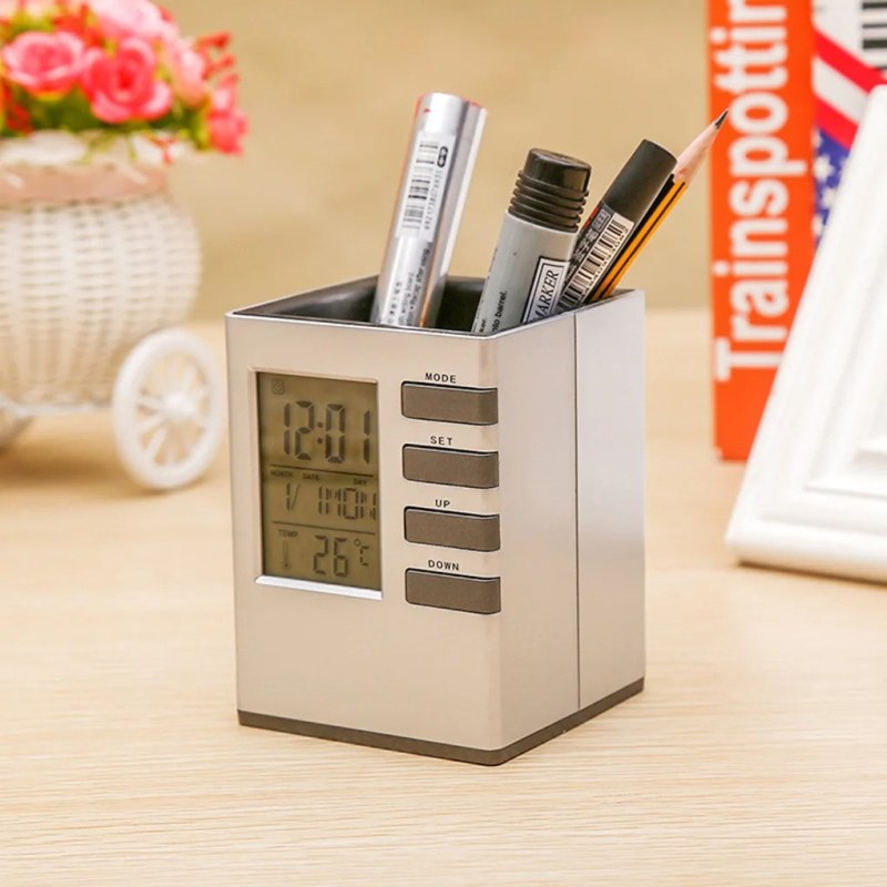 Digital Alarm Clock Pen Holder with LED Display | Multi-Function Desk Organizer Silver