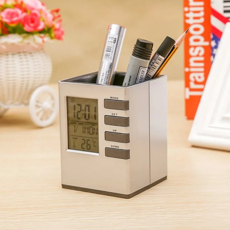 Digital Alarm Clock Pen Holder with LED Display | Multi-Function Desk Organizer Silver