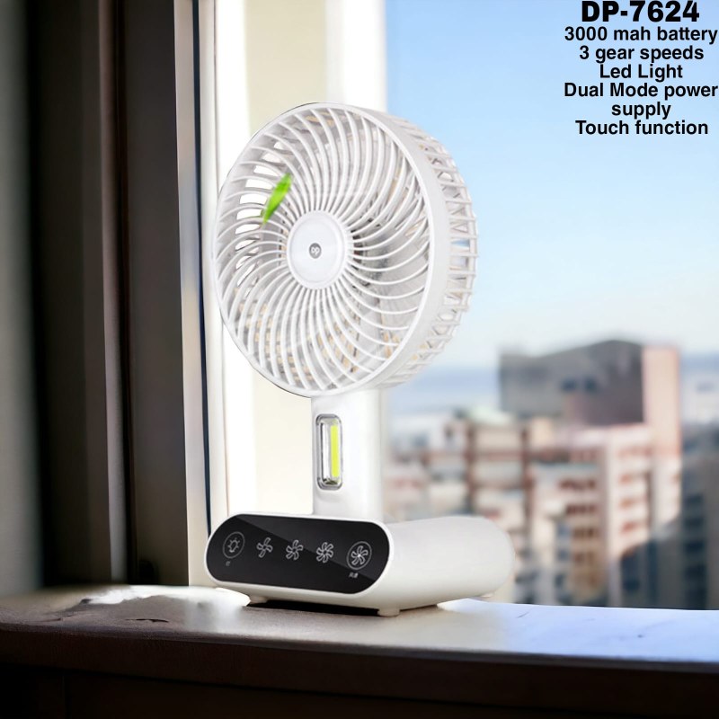 DP-7624 Rechargeable Touch Table Fan with LED Lamp | USB Portable Handheld Mini Fan (3000mAh)