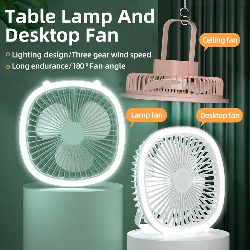Portable USB Rechargeable Desktop Fan with LED Light | Hanging Camping Ceiling Fan (1200mAh)