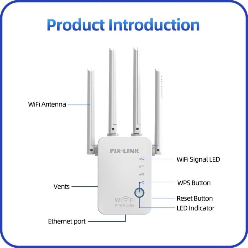 PIX-LINK 2.4G 300Mbps WiFi Signal Amplifier | Wireless Router Dual Antenna Repeater