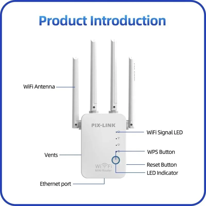 PIX-LINK 2.4G 300Mbps WiFi Signal Amplifier | Wireless Router Dual Antenna Repeater