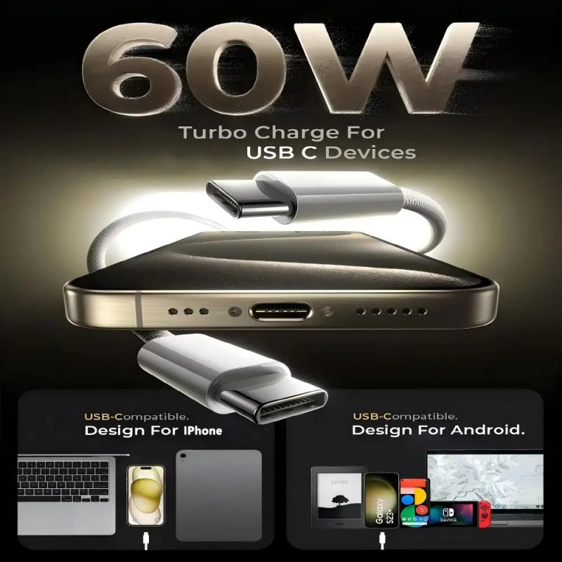 USB-C Fast Charging Cable for iPhone 16 Pro Max – 60W PD Type-C to USB-C Charging Cable