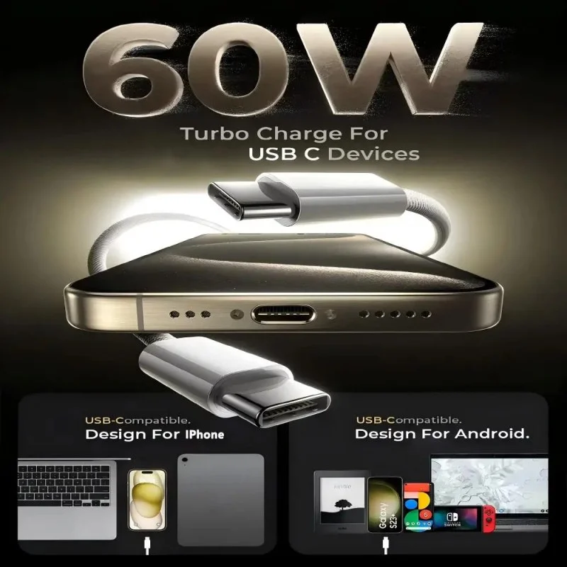 USB-C Fast Charging Cable for iPhone 16 Pro Max – 60W PD Type-C to USB-C Charging Cable