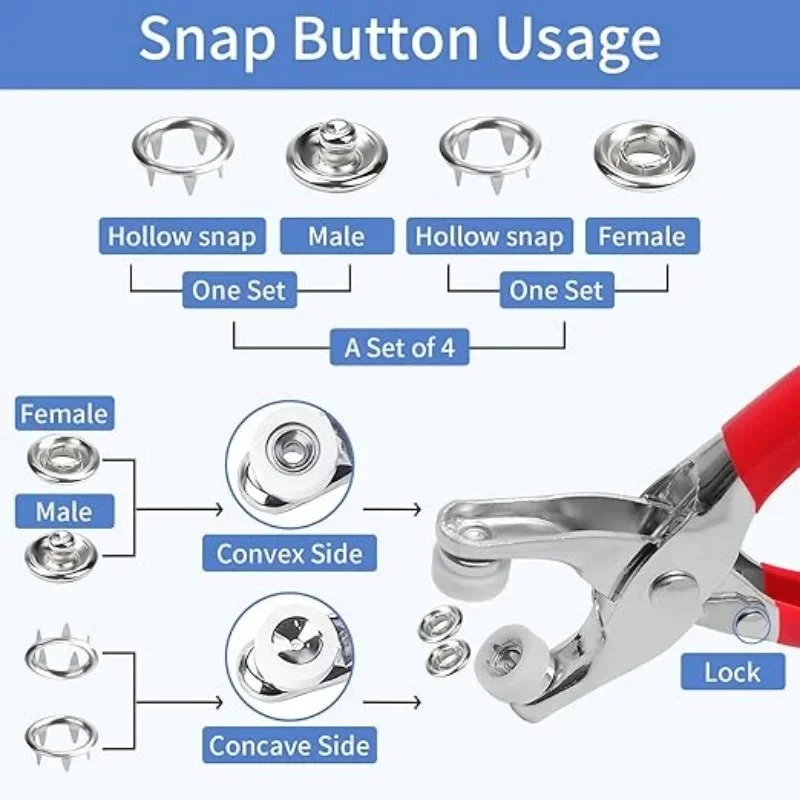 100 Sets 9.5mm Metal Snap Buttons with Plier Kit for DIY Sewing - 001001