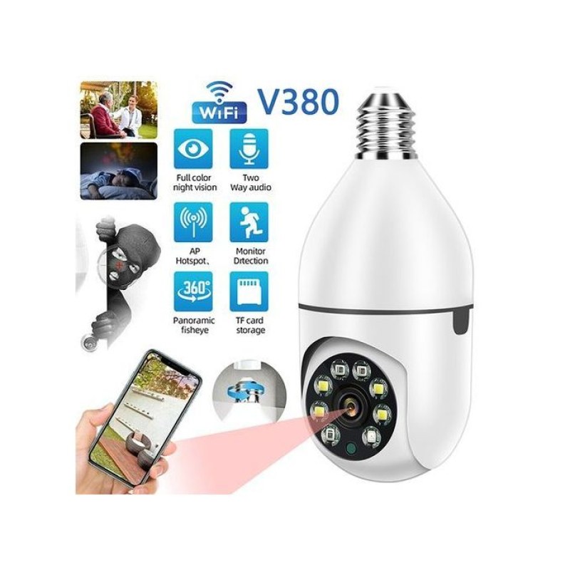 V380 Pro 1080P Smart Bulb WiFi Security Camera – 360° Panoramic View with Color Night Vision & Motion Tracking