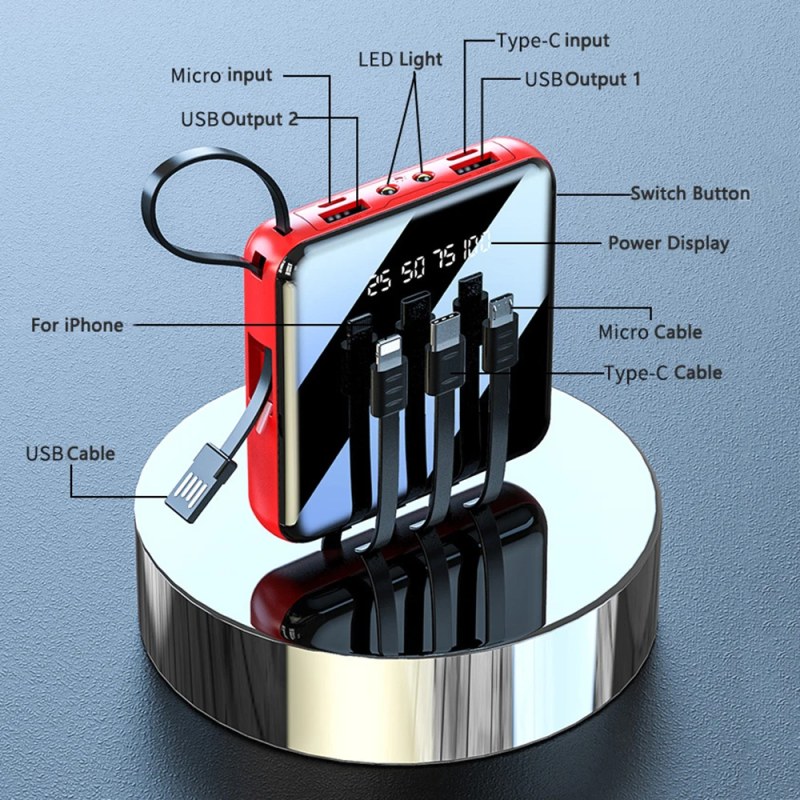 20000mAh Power Bank with LED Display & Built-In All-in-One Cable