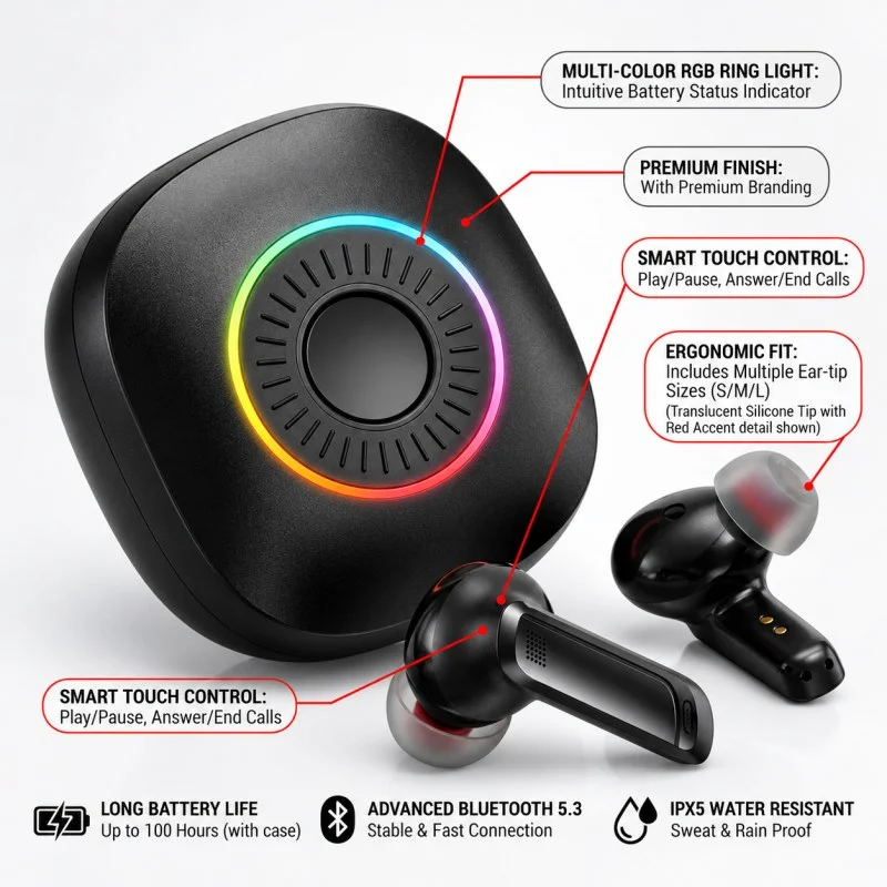 Buds Pro 13 Wireless Bluetooth Earbuds with RGB Ring Light, ANC & ENC