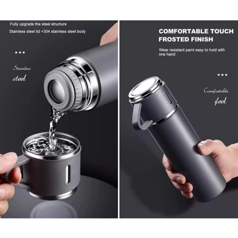 RFV1 Stainless Steel Vacuum Flask Set with 3 Steel Cups | Hot & Cold Insulated Thermos
