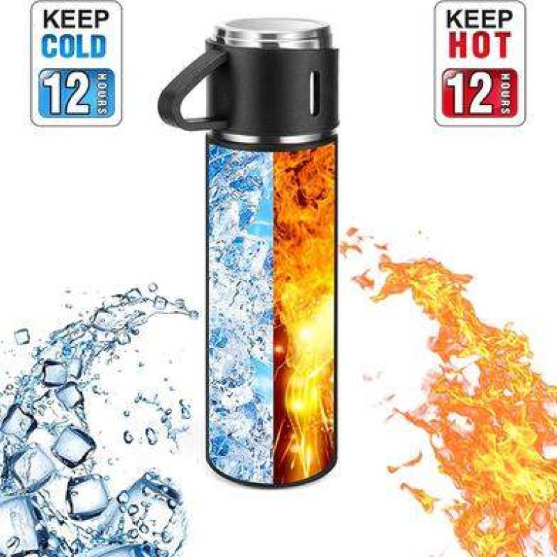 RFV1 Stainless Steel Vacuum Flask Set with 3 Steel Cups | Hot & Cold Insulated Thermos