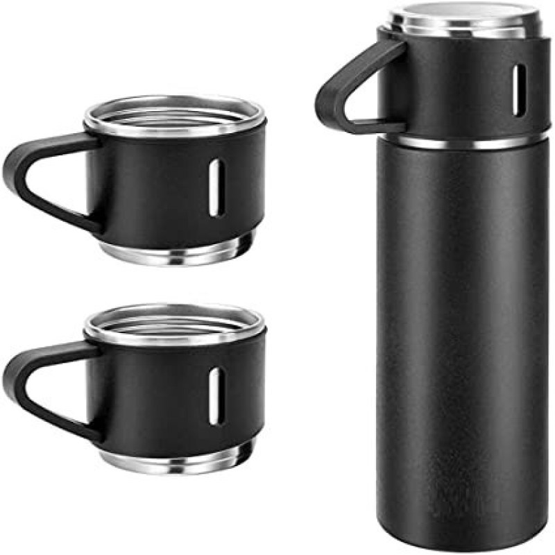 RFV1 Stainless Steel Vacuum Flask Set with 3 Steel Cups | Hot & Cold Insulated Thermos