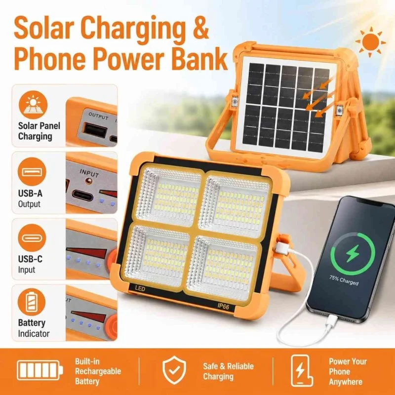 Solar Charging LED Flood Light Outdoor Portable Spotlight with USB Power Bank-000927