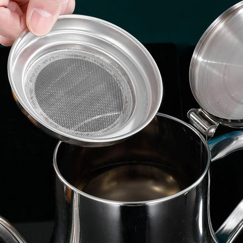 Stainless Steel Oil Strainer Pot with Removable Filter | Oil Dispenser & Grease Storage Can