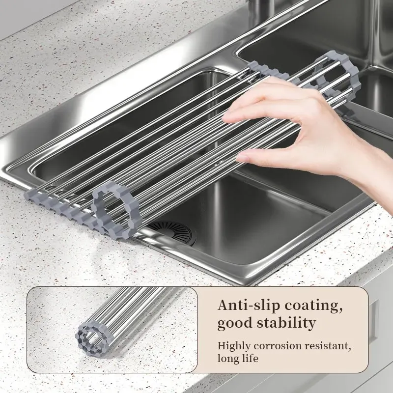 Rollable Foldable Stainless Steel Dish Drying Rack – 12 Rods, 37 × 24 cm_001021