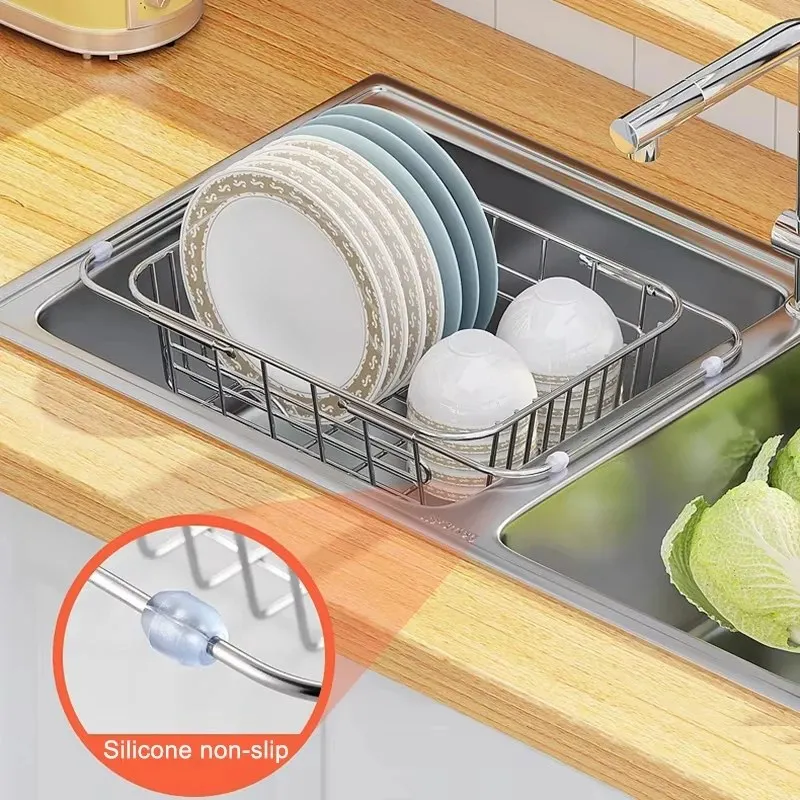 Stainless Steel Telescopic Sink Drain Rack – Adjustable Dish Drying Basket_001023
