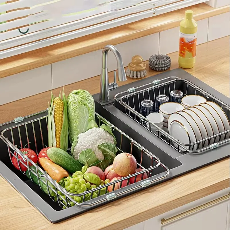 Stainless Steel Telescopic Sink Drain Rack – Adjustable Dish Drying Basket_001023