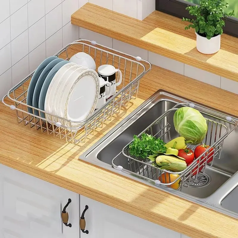 Stainless Steel Telescopic Sink Drain Rack – Adjustable Dish Drying Basket_001023
