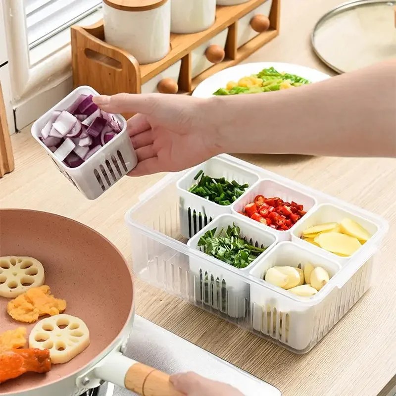 6-Grid Refrigerator Organizer Storage Box – PP Food & Vegetable Drain Basket with Fresh-Keeping Compartments