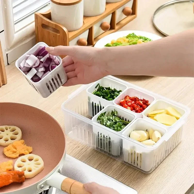 6-Grid Refrigerator Organizer Storage Box – PP Food & Vegetable Drain Basket with Fresh-Keeping Compartments