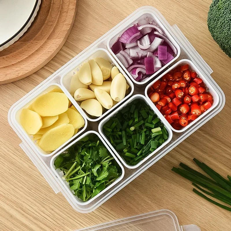 6-Grid Refrigerator Organizer Storage Box – PP Food & Vegetable Drain Basket with Fresh-Keeping Compartments