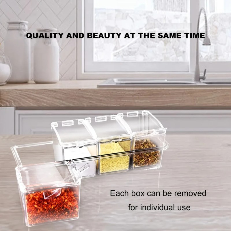 4 Grids Kitchen Transparent Seasoning Box Used For Salt Sugar And Pepper Clear Acrylic Seasoning Box