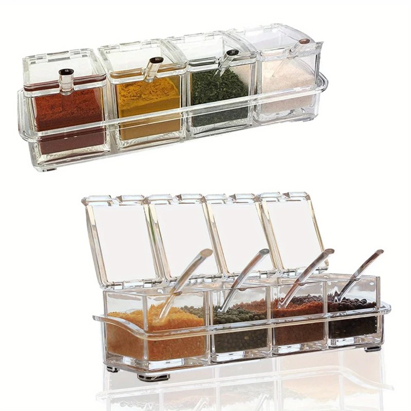 4 Grids Kitchen Transparent Seasoning Box Used For Salt Sugar And Pepper Clear Acrylic Seasoning Box