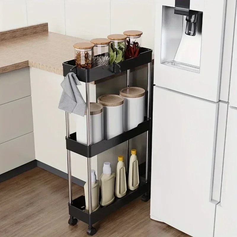 Narrow Multi-Purpose Gap Storage Trolley – Movable Slim Rolling Organizer Cart for Kitchen & Bathroom