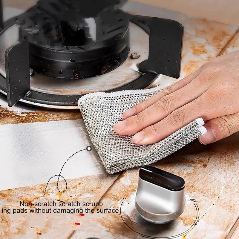 10Pcs Double Layer Magic Dishwashing Towel | Metal Steel Wire Cleaning Cloth for Kitchen