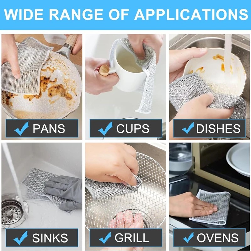 10Pcs Double Layer Magic Dishwashing Towel | Metal Steel Wire Cleaning Cloth for Kitchen