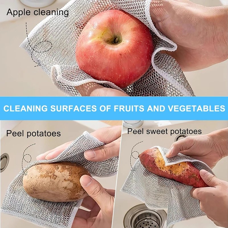 10Pcs Double Layer Magic Dishwashing Towel | Metal Steel Wire Cleaning Cloth for Kitchen