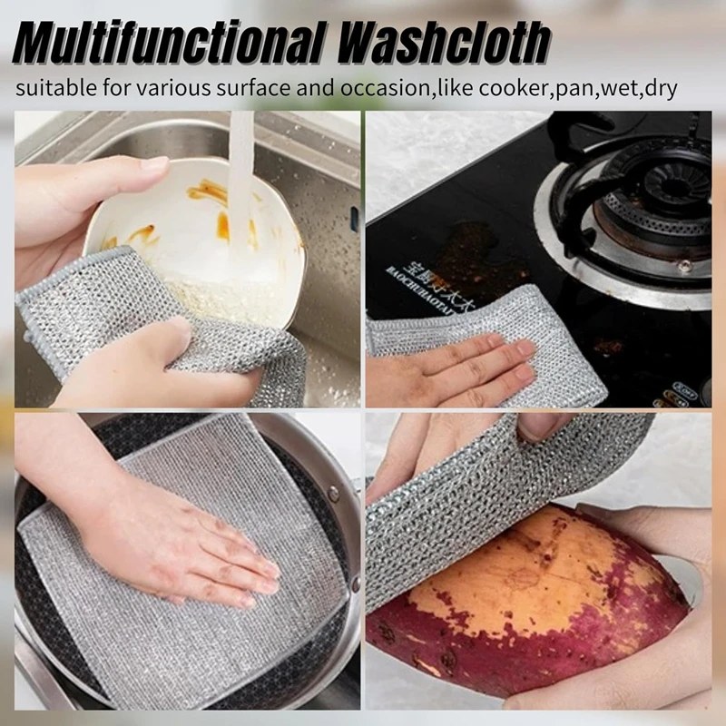 10Pcs Double Layer Magic Dishwashing Towel | Metal Steel Wire Cleaning Cloth for Kitchen