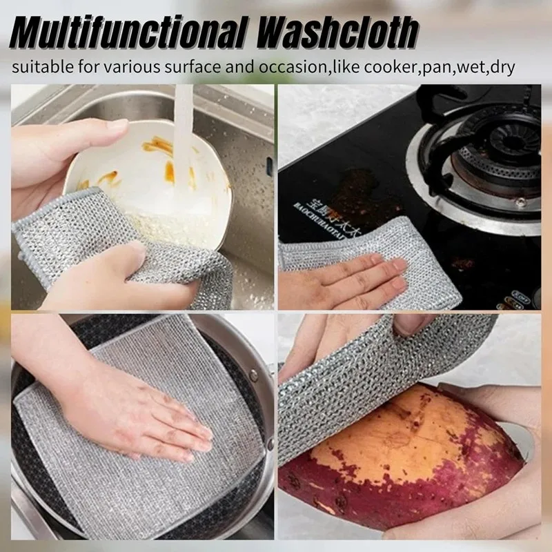 10Pcs Double Layer Magic Dishwashing Towel | Metal Steel Wire Cleaning Cloth for Kitchen