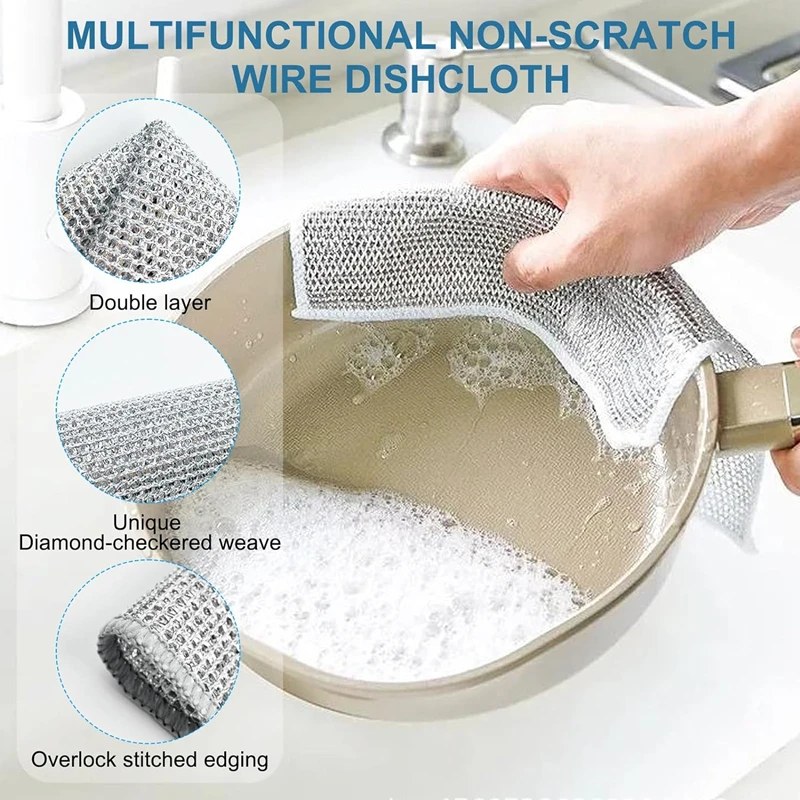 10Pcs Double Layer Magic Dishwashing Towel | Metal Steel Wire Cleaning Cloth for Kitchen