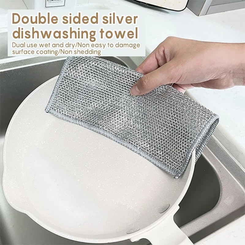 10Pcs Double Layer Magic Dishwashing Towel | Metal Steel Wire Cleaning Cloth for Kitchen