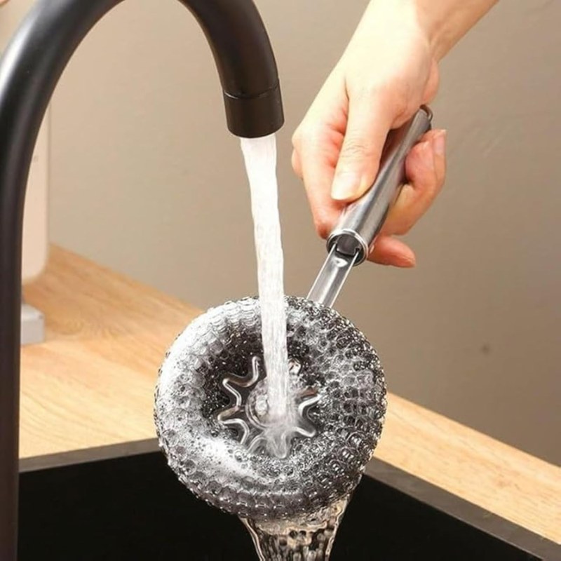 304 Stainless Steel Steel Wool Pot Scrubber with Long Handle & Free Wall Hooks_000983